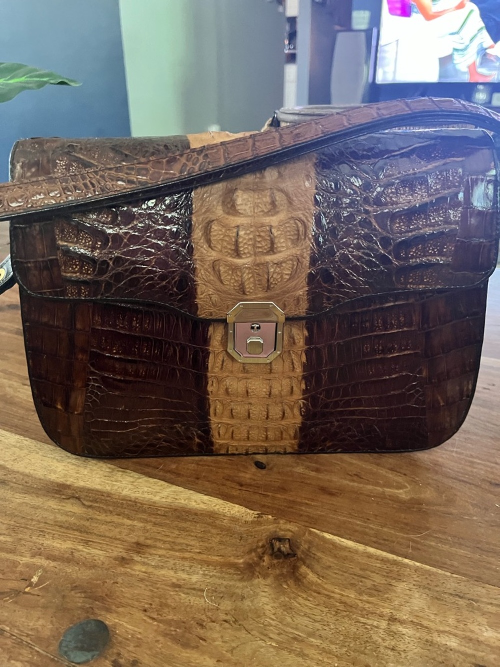 Vintage Brown and Tan Croc-Embossed Shoulder Bag
